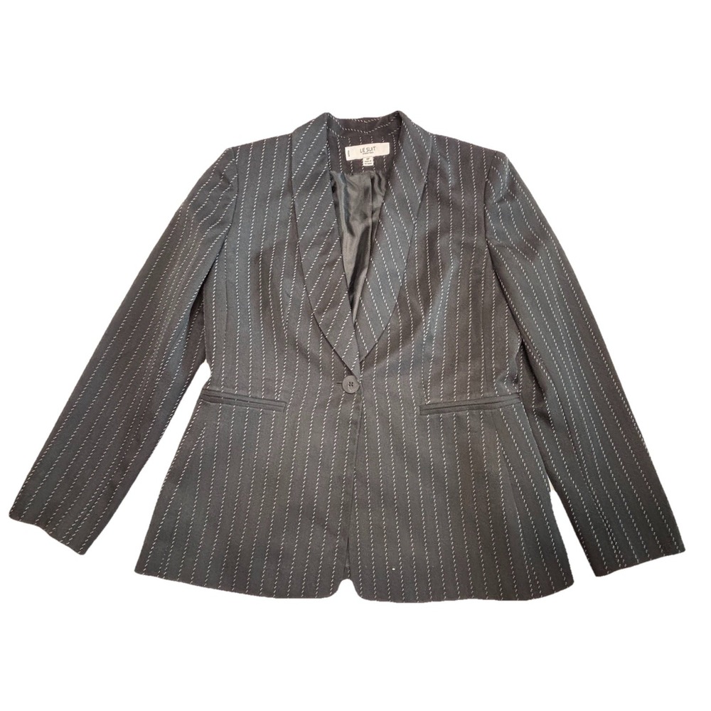 Le Suit Essentials Blazer 8P Petite Black Pinstripe 1 Button Lined Jacket